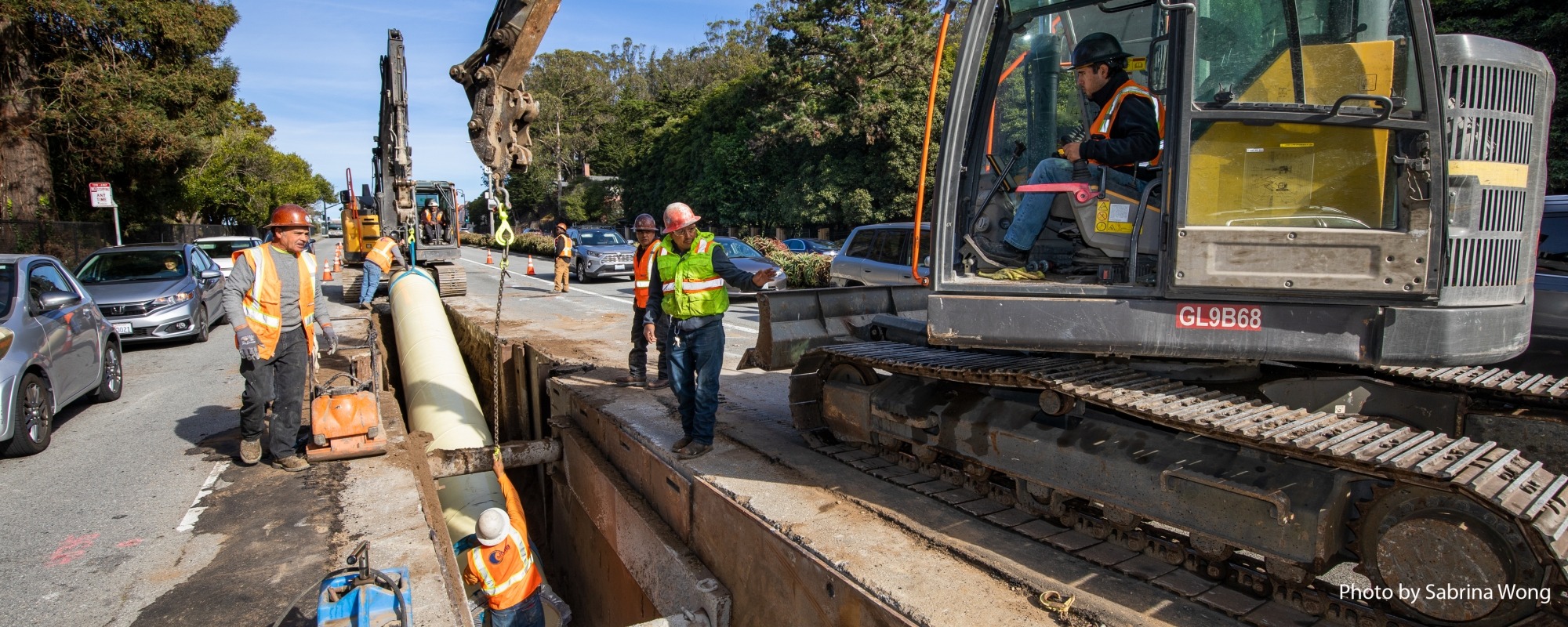 Installing a new welded steel pipe for Potable Emergency Firefighting Water Systems pipeline at 19th Ave. and Sloat Blvd.
