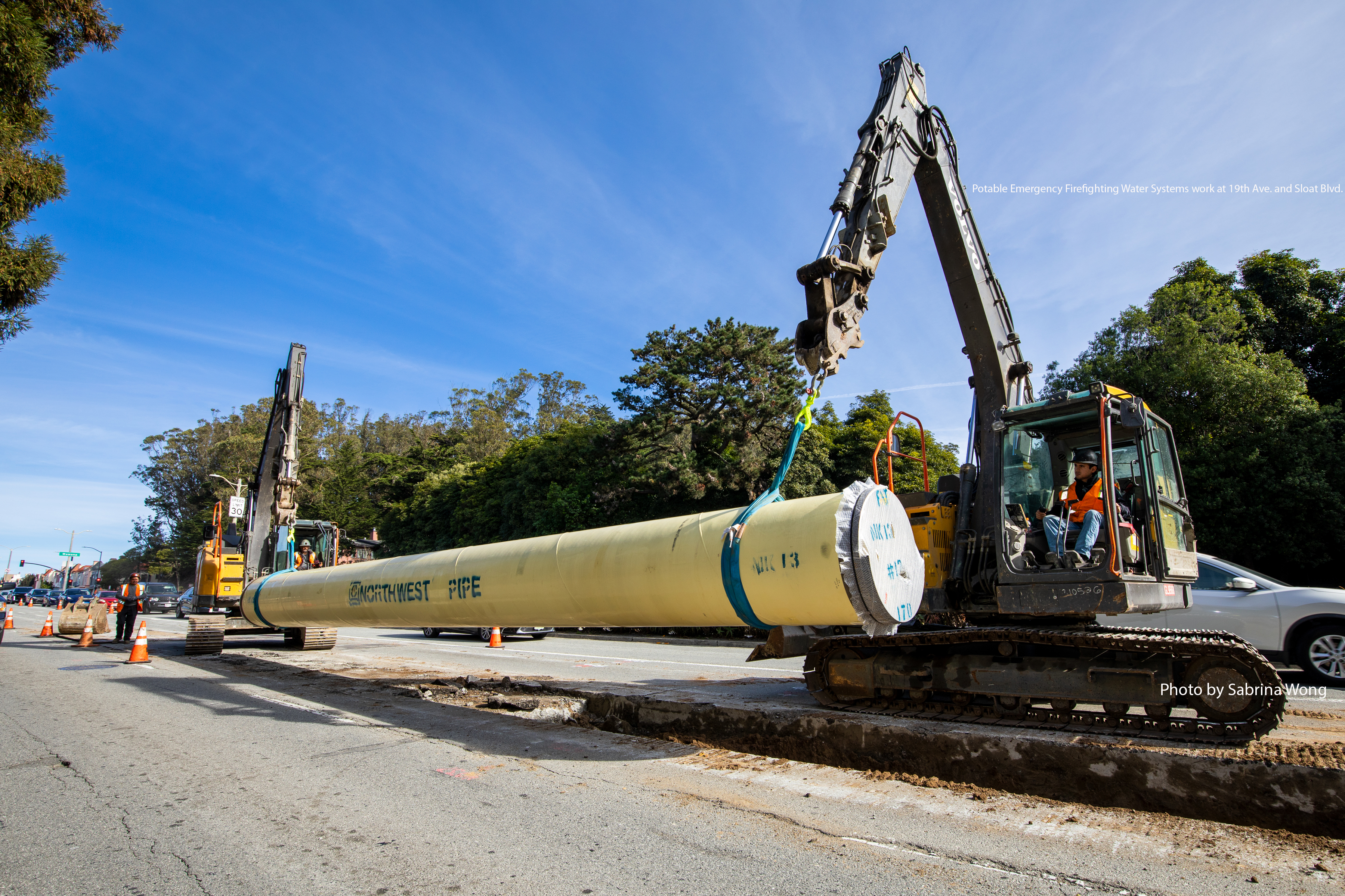 Installing a new welded steel pipe for Potable Emergency Firefighting Water Systems pipeline at 19th Ave. and Sloat Blvd.