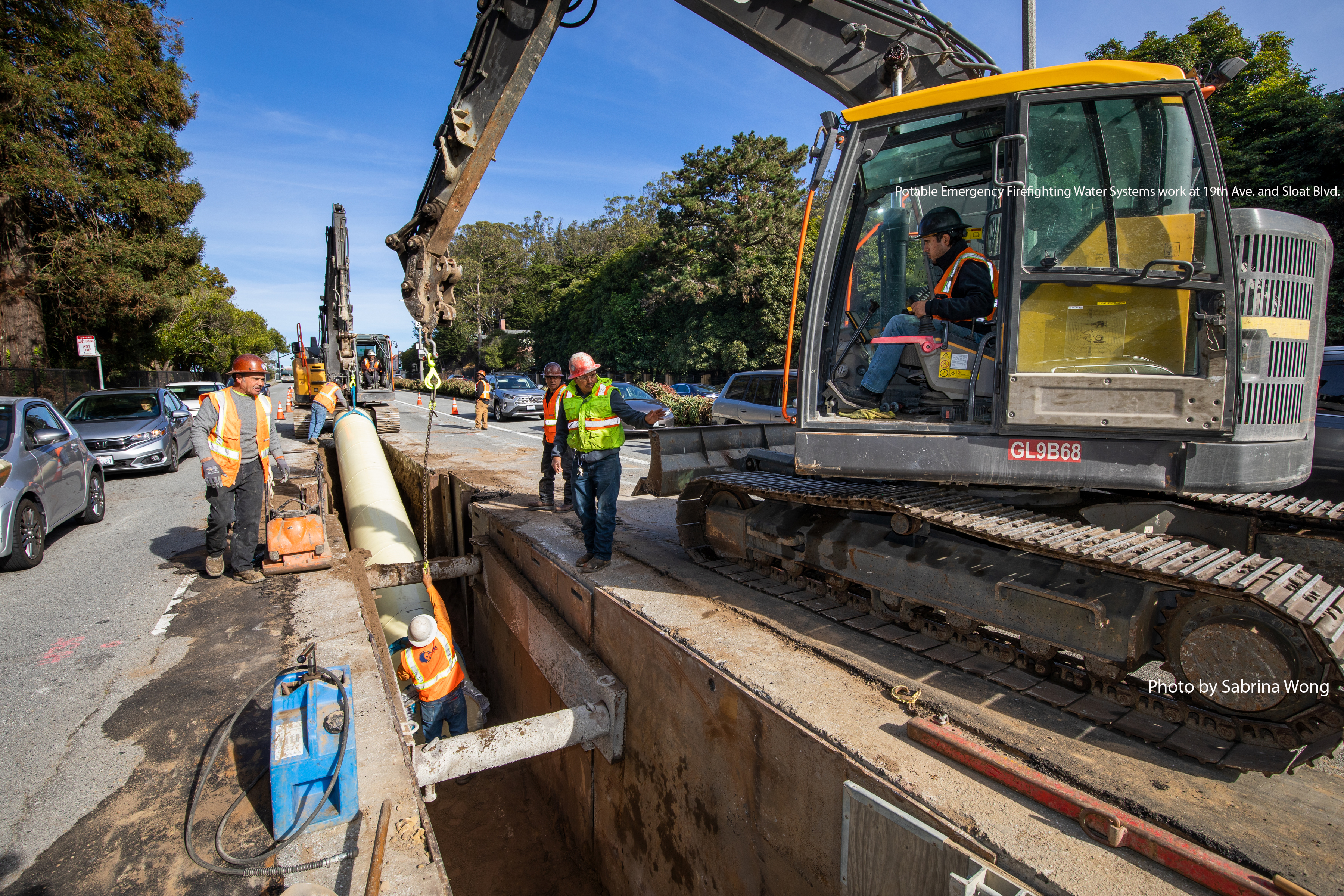 Installing a new welded steel pipe for Potable Emergency Firefighting Water Systems pipeline at 19th Ave. and Sloat Blvd.