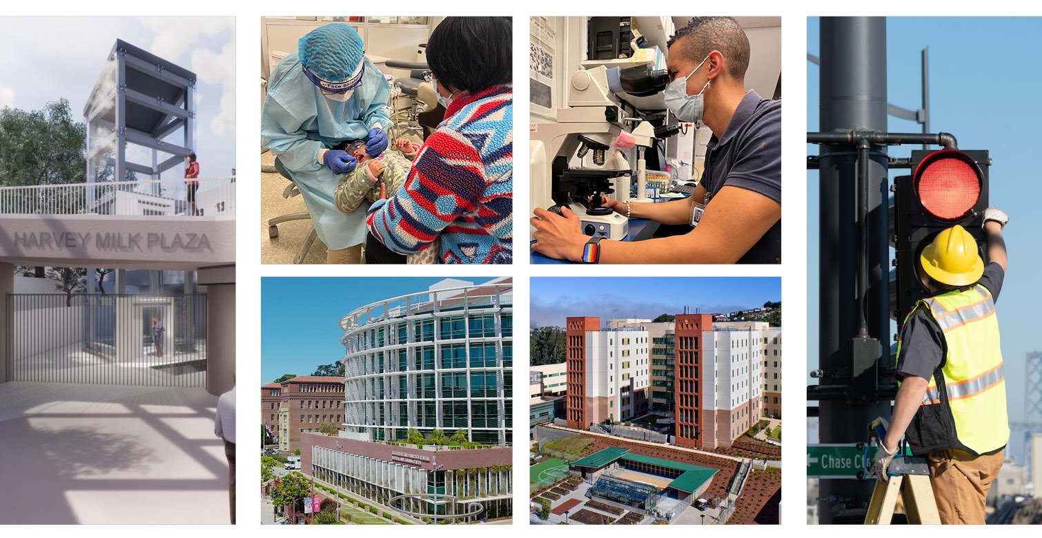 A collage of healthcare workers, public spaces and buildings in San Francisco.