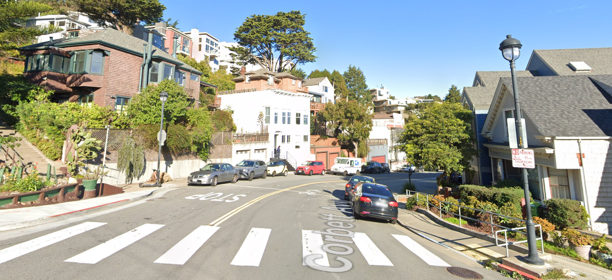 Street level view of Corbett and Clayton intersection