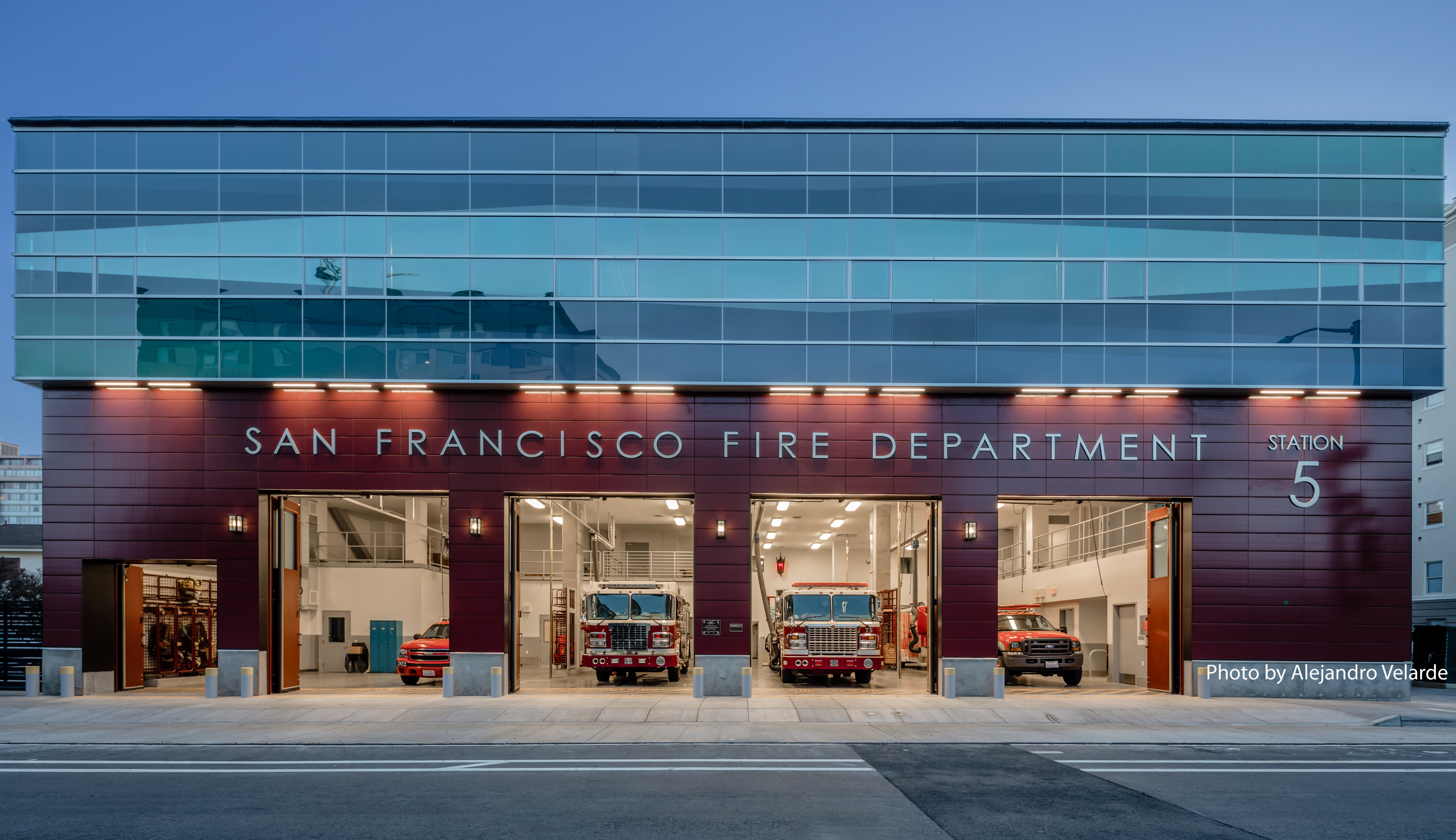 Fire trucks sit inside Fire Station 5.