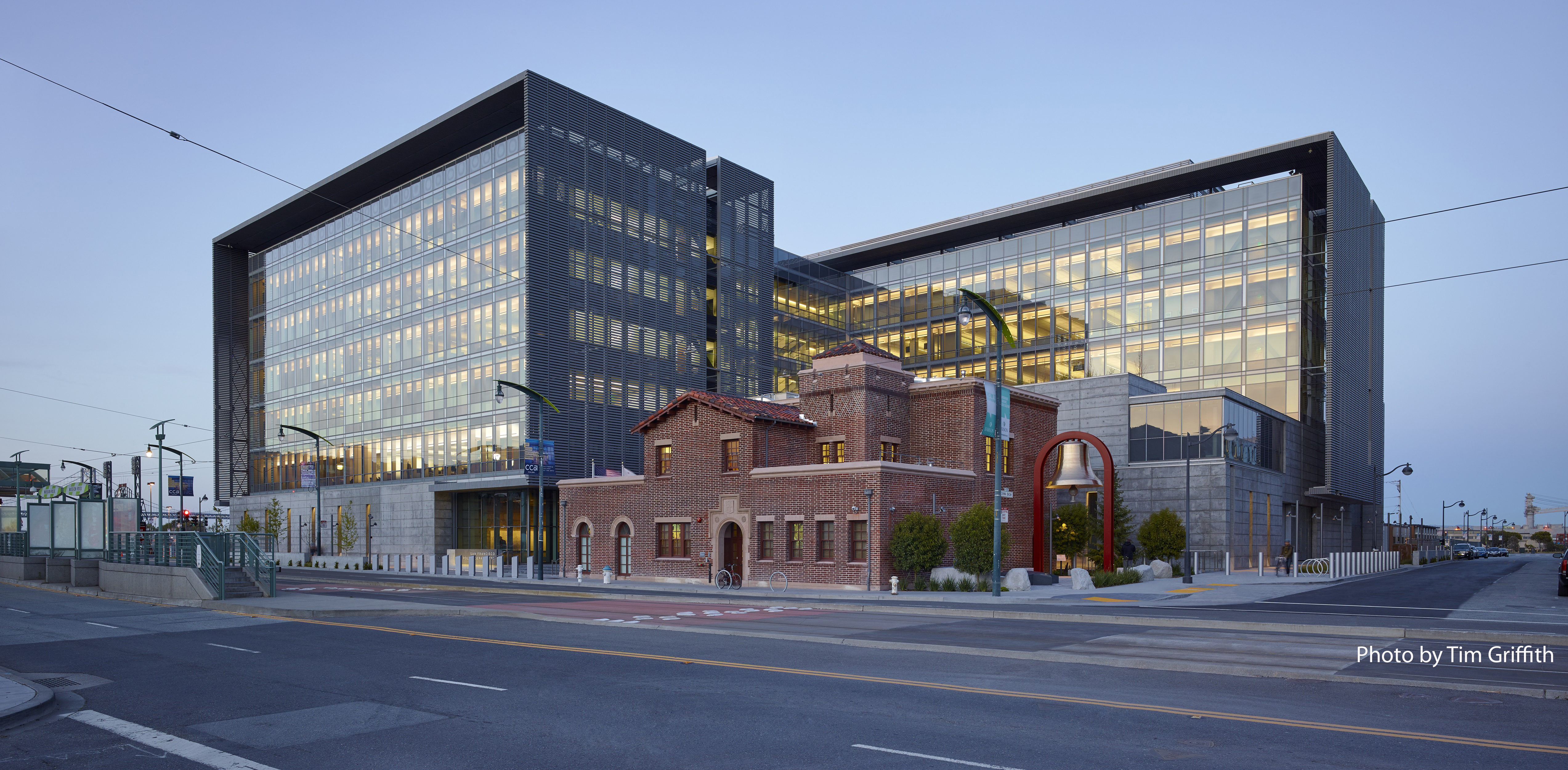 The San Francisco Public Safety Building by night.