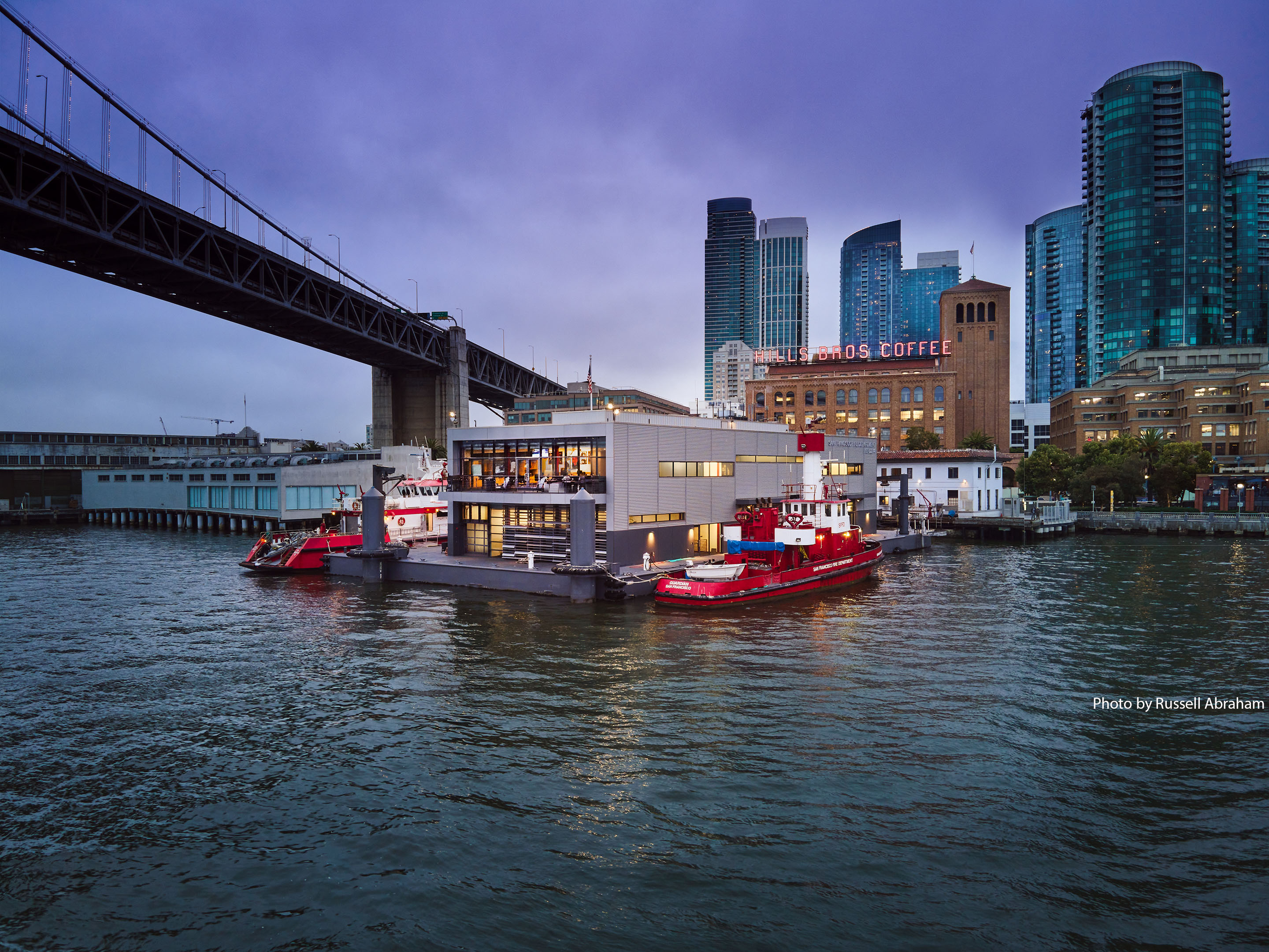 A view of Fireboat Station No. 35 against the San Francisco skyline.