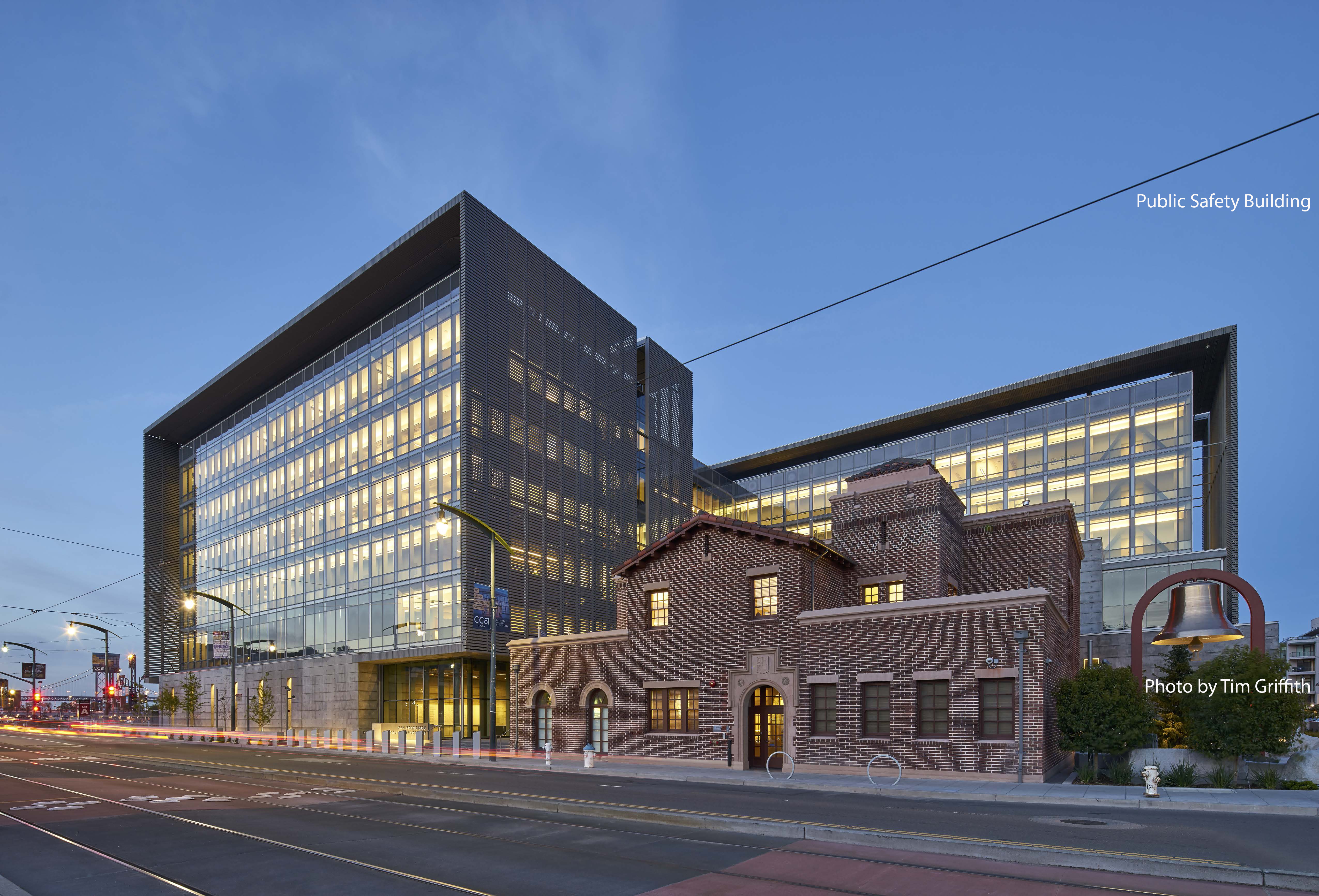 The San Francisco Public Safety Building by night.