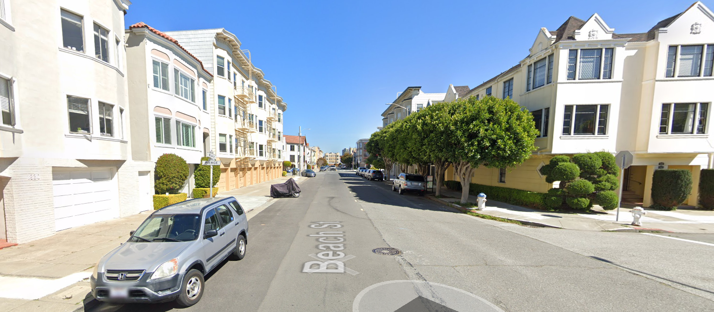 Street level view of Beach and Pierce Intersection