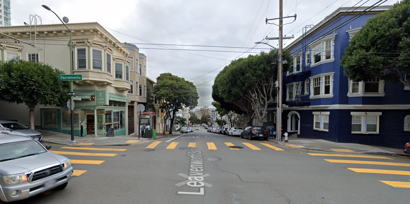 Street level view of Leavenworth and Sacramento intersection