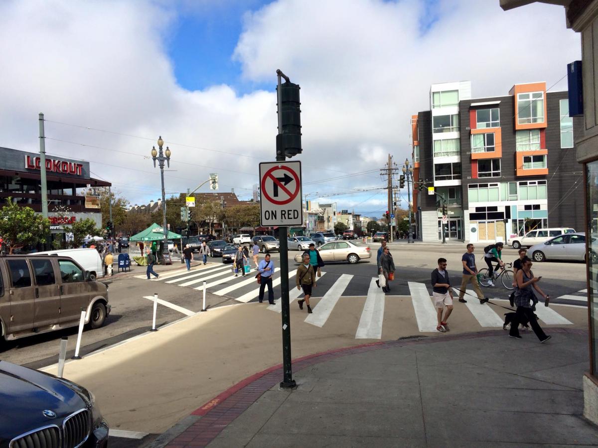 Crosswalk view of Market Street intersection at 16th and Noe streets