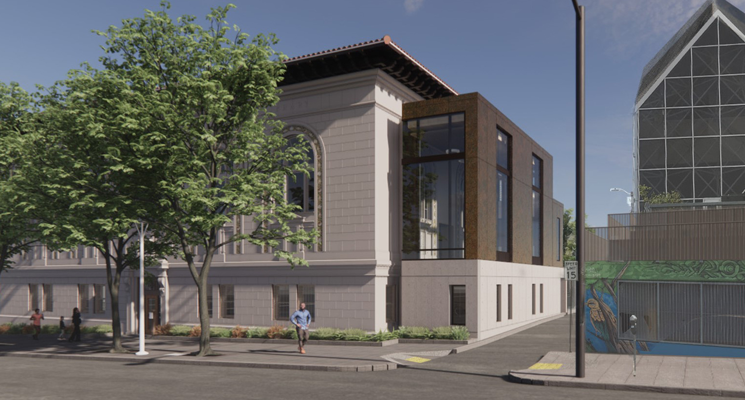 Rendering showing the library exterior 