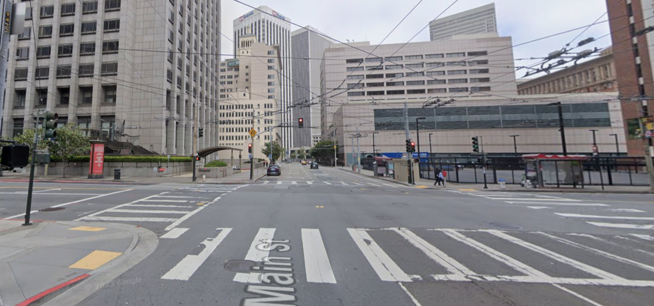 street level view of the Main Street and Mission Street intersection