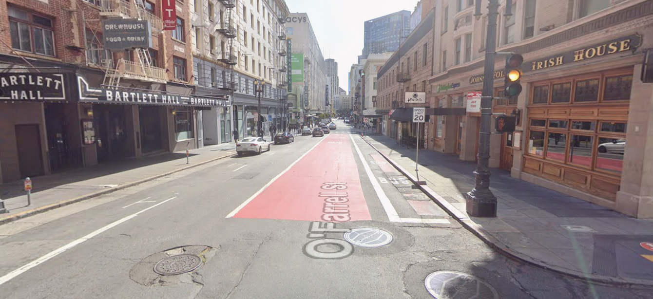 street level view of O'Farrell Street at Cyril Magnin Street