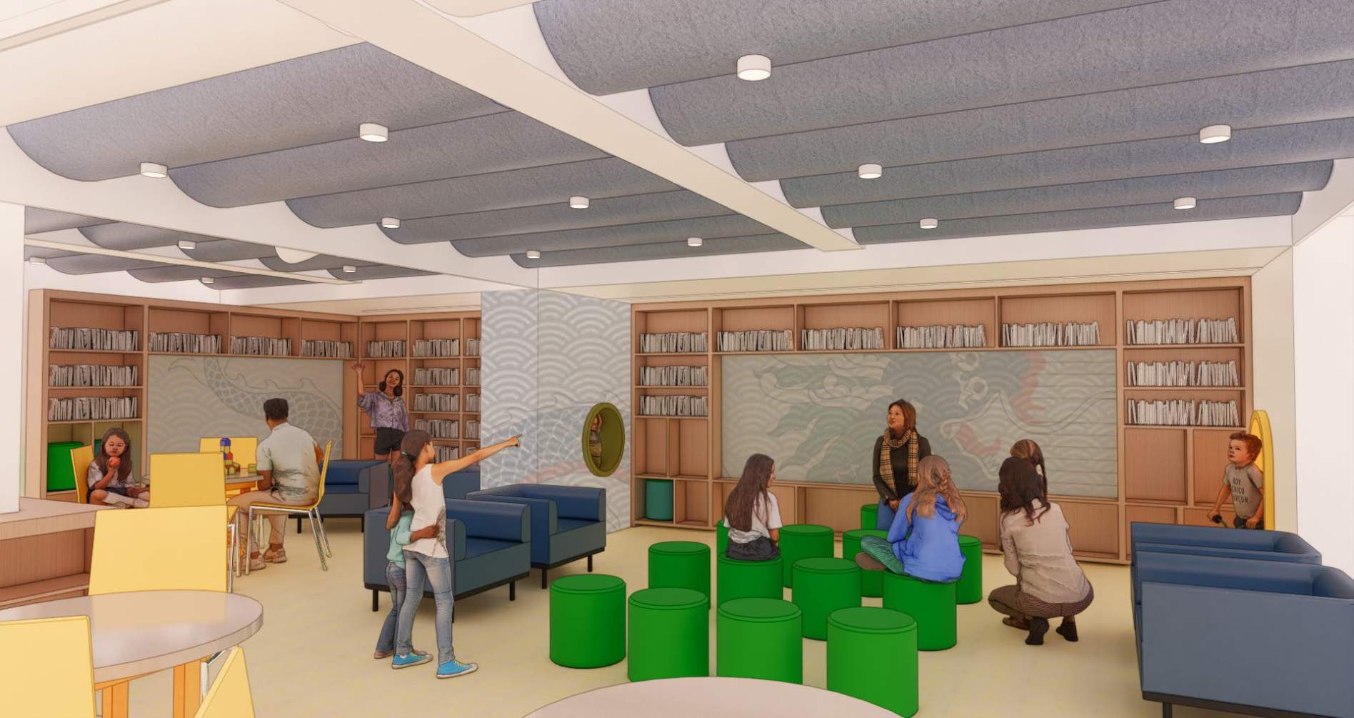 Chinatown Branch Library Renovation Project - rendering of the interior view at Children’s Storytime