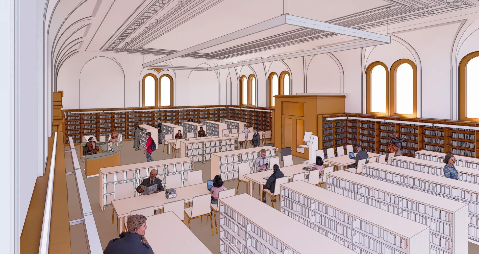Chinatown Branch Library Renovation Project - rendering of the interior view at the Historic Reading Room