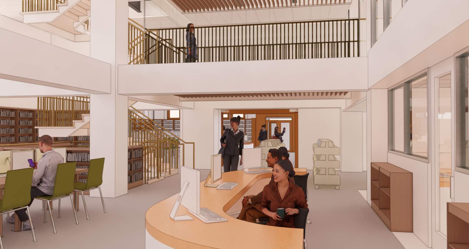 Chinatown Branch Library Renovation Project - rendering of the interior view of the info desk