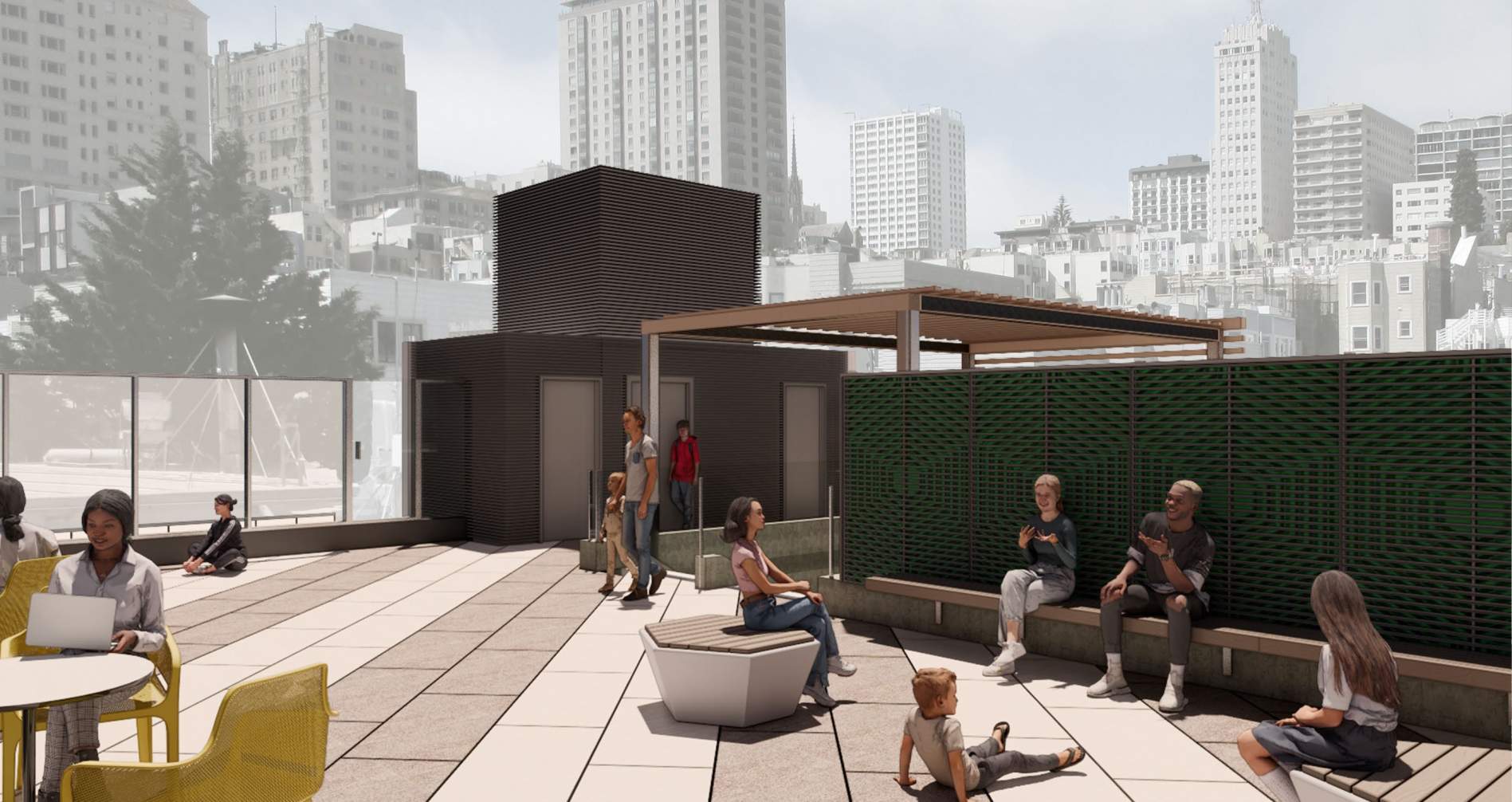 Chinatown Branch Library Renovation Project - rendering of the exterior view of the roof terrace