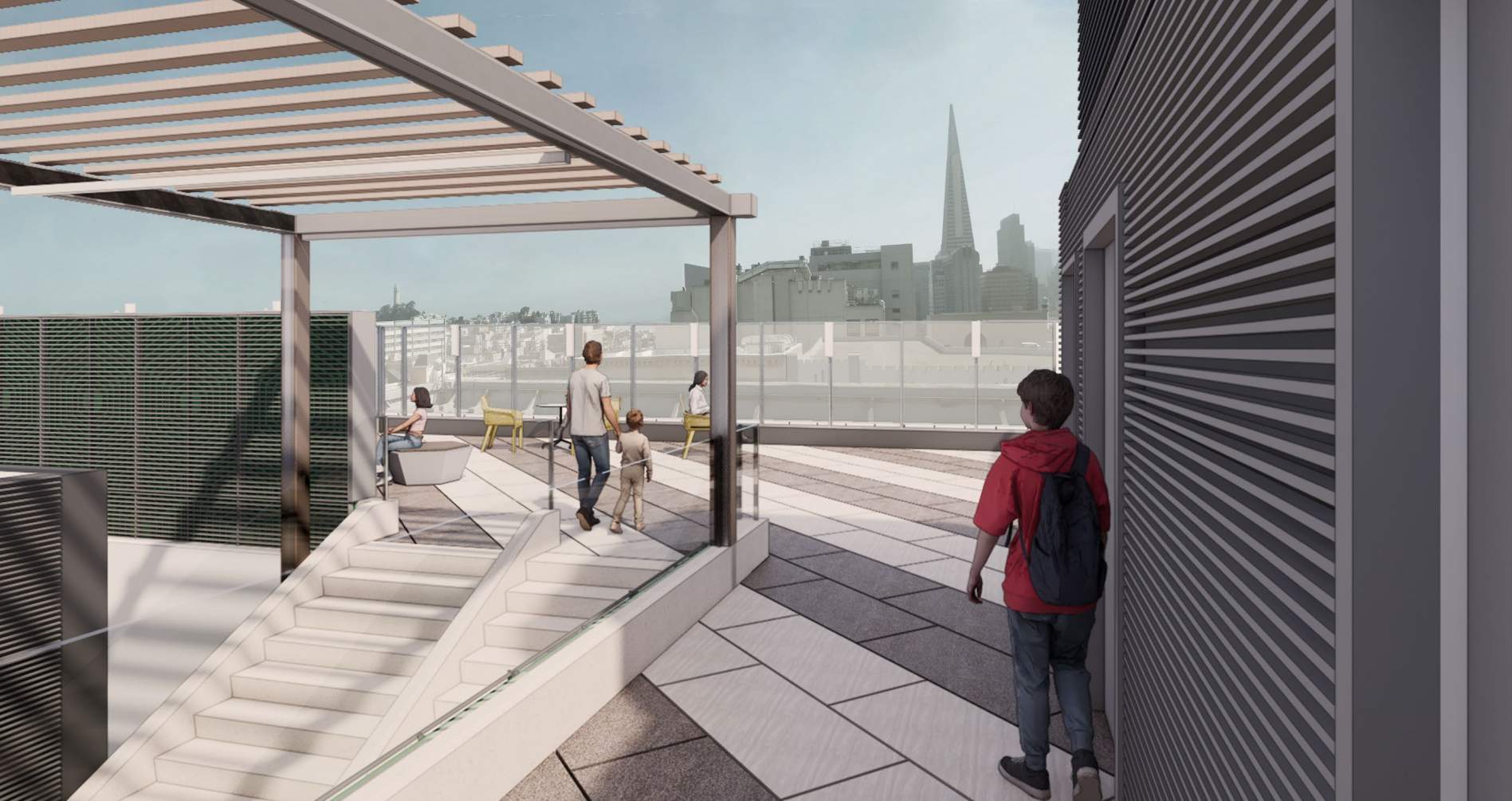 Chinatown Branch Library Renovation Project - rendering of the exterior view of the roof terrace