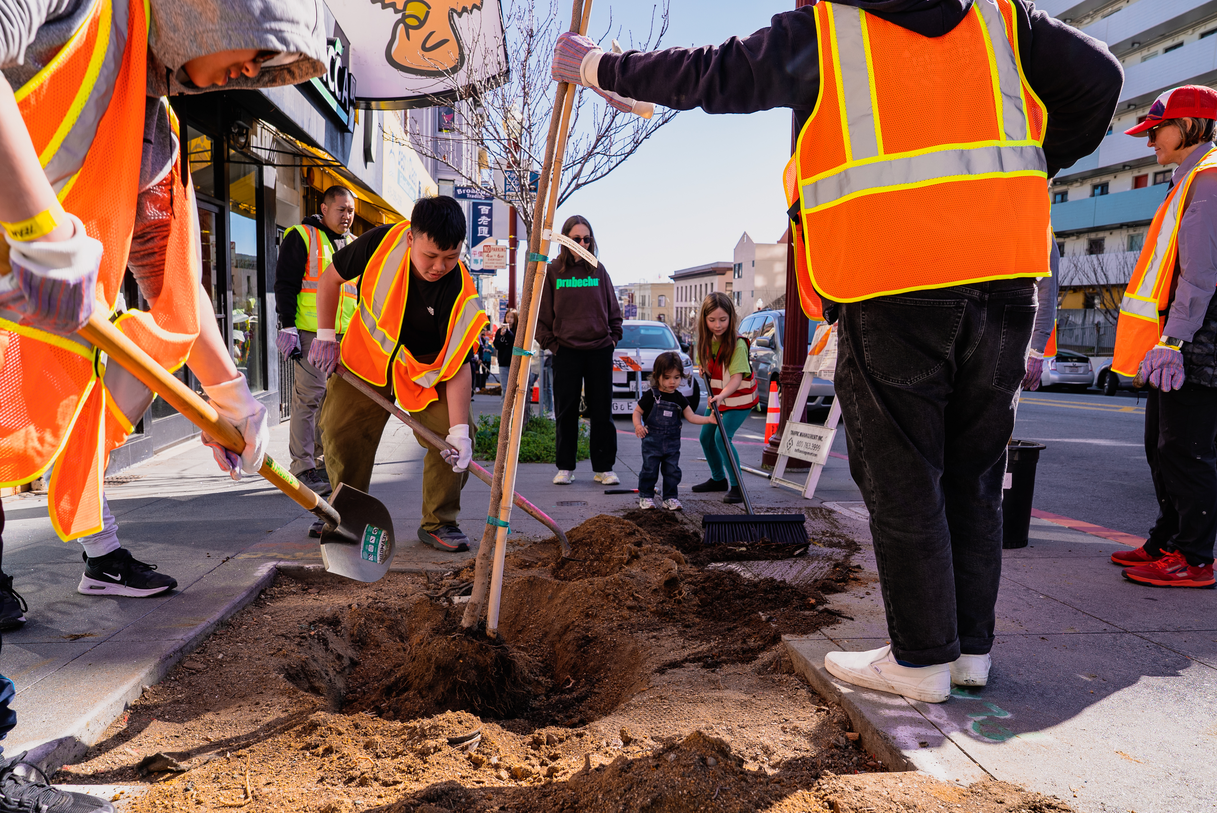The image shows a group of people planting a tree on a city sidewalk. Several individuals, wearing bright orange safety vests, are actively participating in the planting process. Two people are holding shovels and appear to be digging a hole, while another person steadies the tree. In the background, a woman and two children observe the activity. The scene is set on a bustling city street with storefronts and a few bystanders in the background. The day appears sunny, casting clear shadows on the sidewalk.