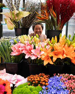 woman peeking out between flower pots at a flower stand