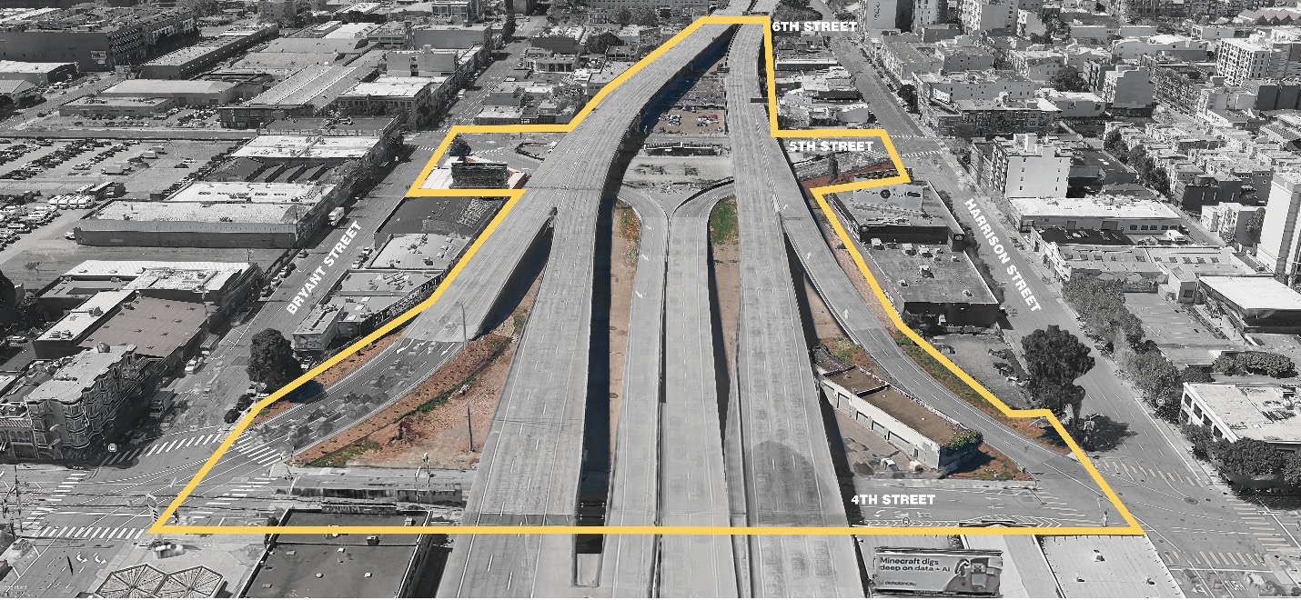 An aerial photograph of a highway interchange in San Francisco with a large elevated roadway running through the center of the image.