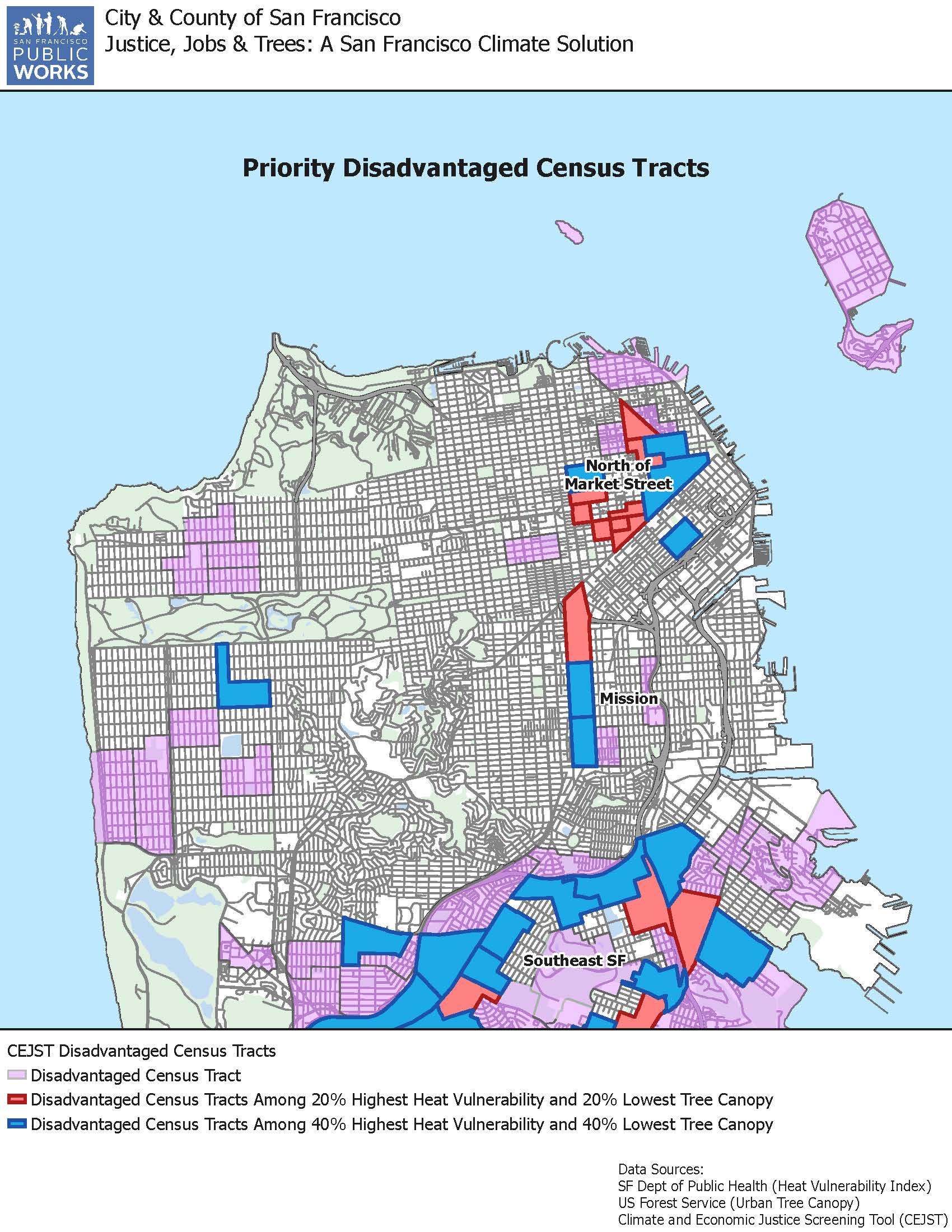 Proposed grant-funded planting areas are the blue and red census tracts.