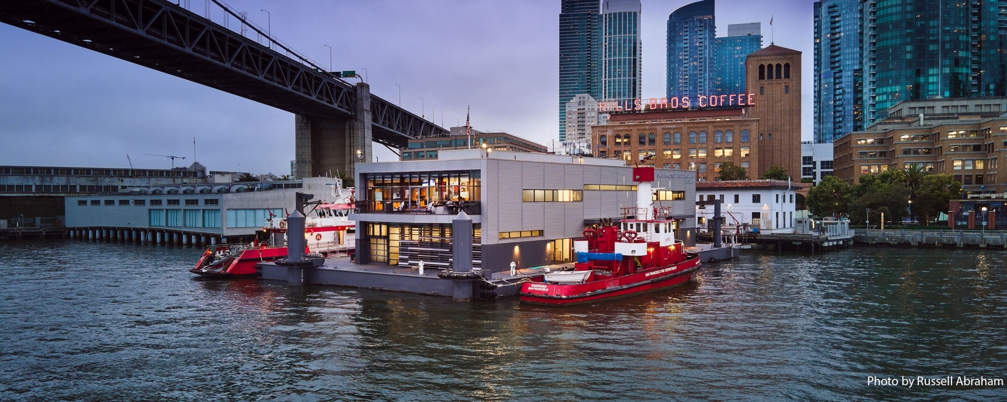 A view of Fireboat Station No. 35 against the San Francisco skyline.